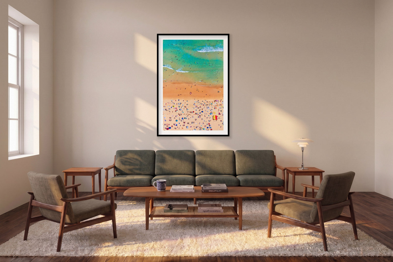 Bondi Beach, Vertical Print shown framed in a living room