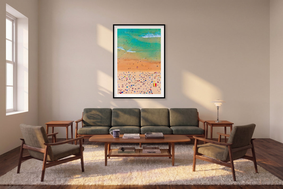 Bondi Beach, Vertical Print shown framed in a living room