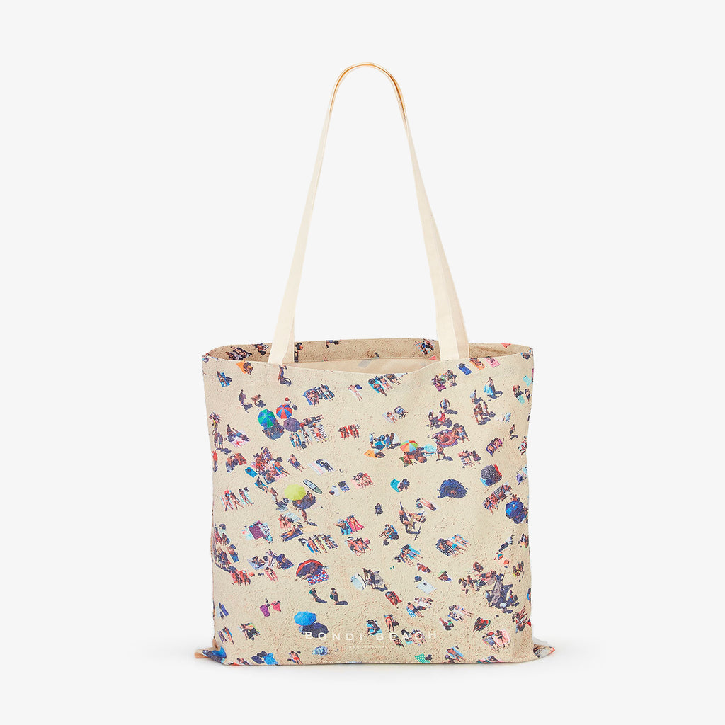 Aerial view of Bondi Beach crowd from above on cream canvas tote bag, canvas tote bag by Remy Gerega