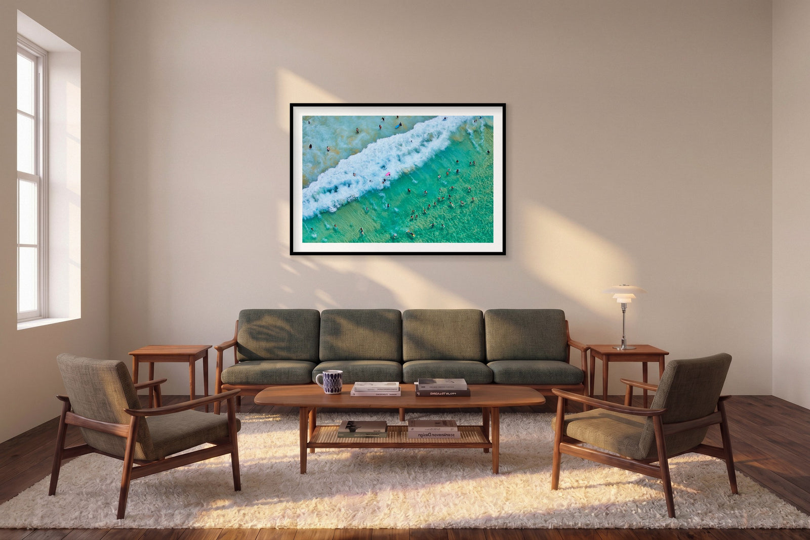 Bondi Swimmers, Horizontal Print shown framed in a living room