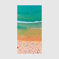 Aerial view of Bondi Beach with turquoise ocean, white waves, and colorful beach umbrellas, quick-dry beach towel by Remy Gerega