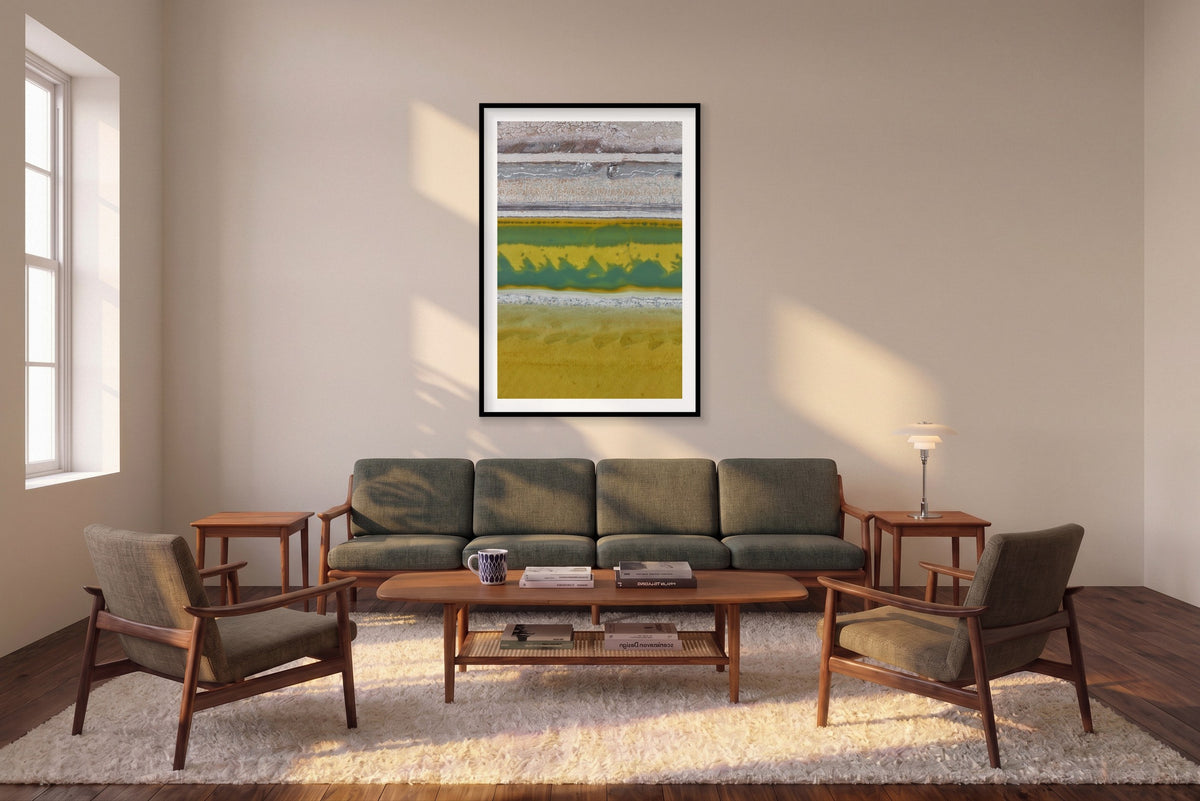 Brine, Great Salt Lake, Portrait Print shown framed in a living room