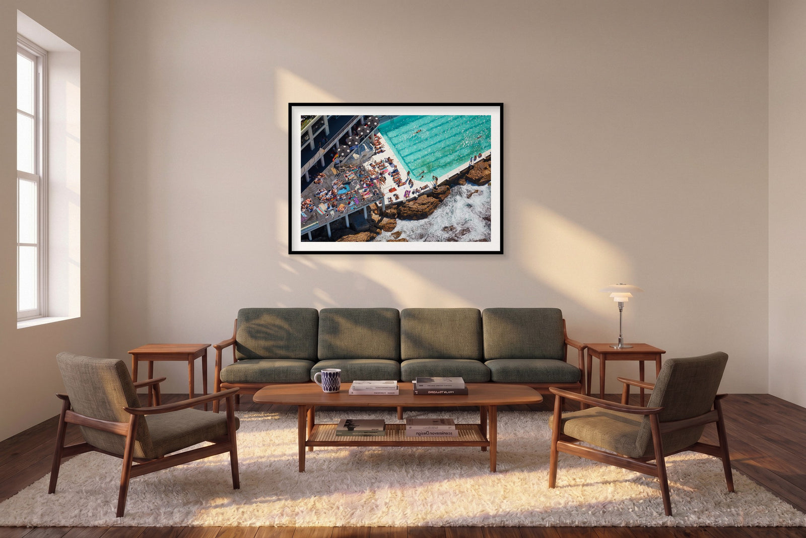 Icebergs Sunbathers, Horizontal Print shown framed in a living room
