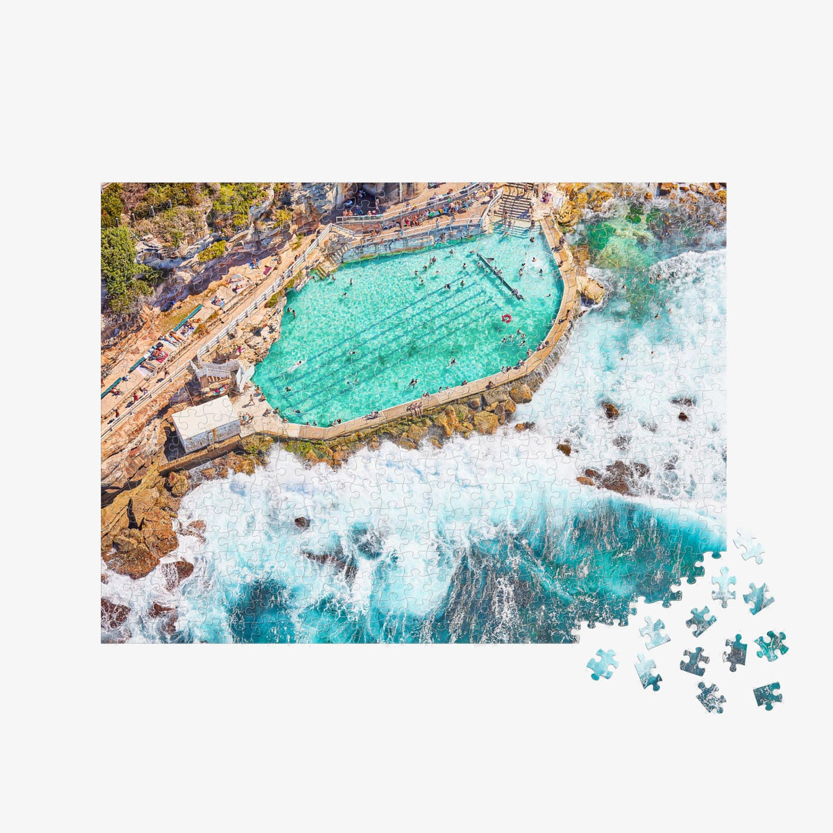 Aerial view of Bronte Baths ocean pool with turquoise water and crashing waves, 500 piece jigsaw puzzle by Remy Gerega