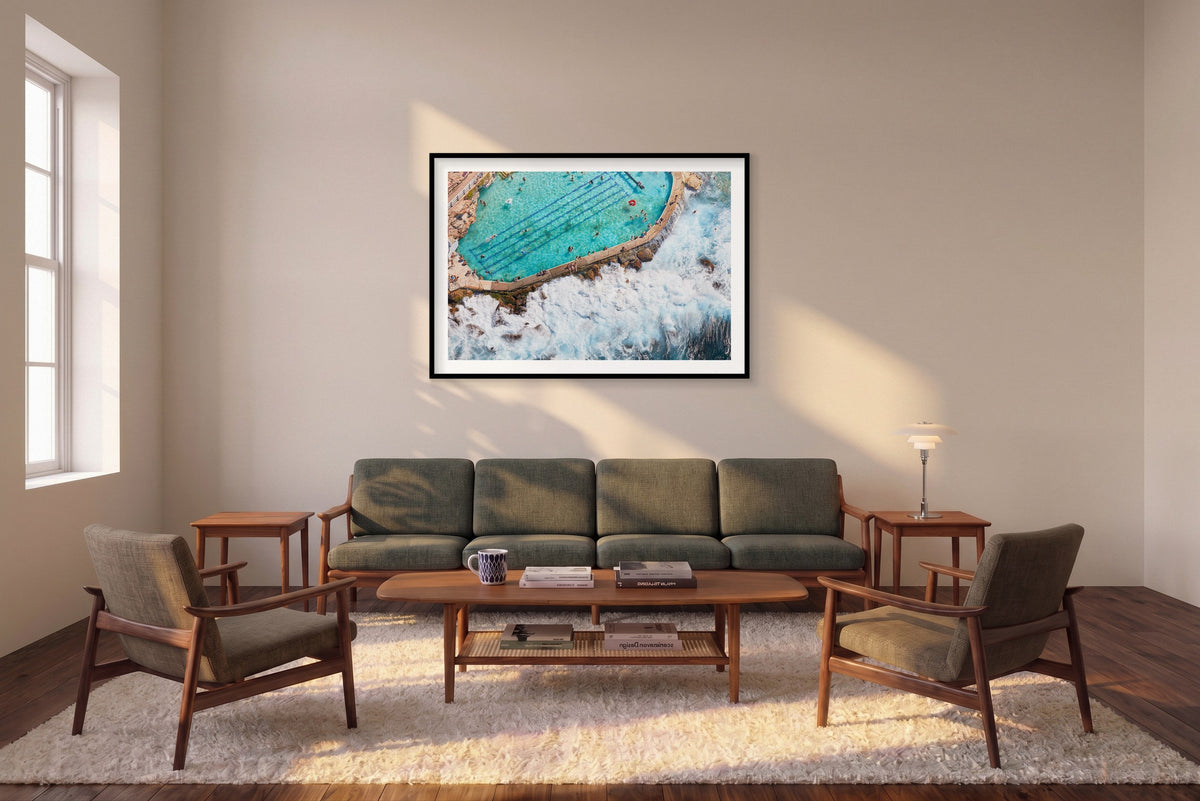 Bronte Baths Ocean Wave, Horizontal Print shown framed in a living room