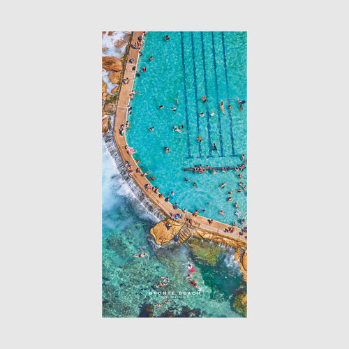 Aerial view of Bronte Beach ocean pool with turquoise water and swimmers, quick-dry beach towel by Remy Gerega