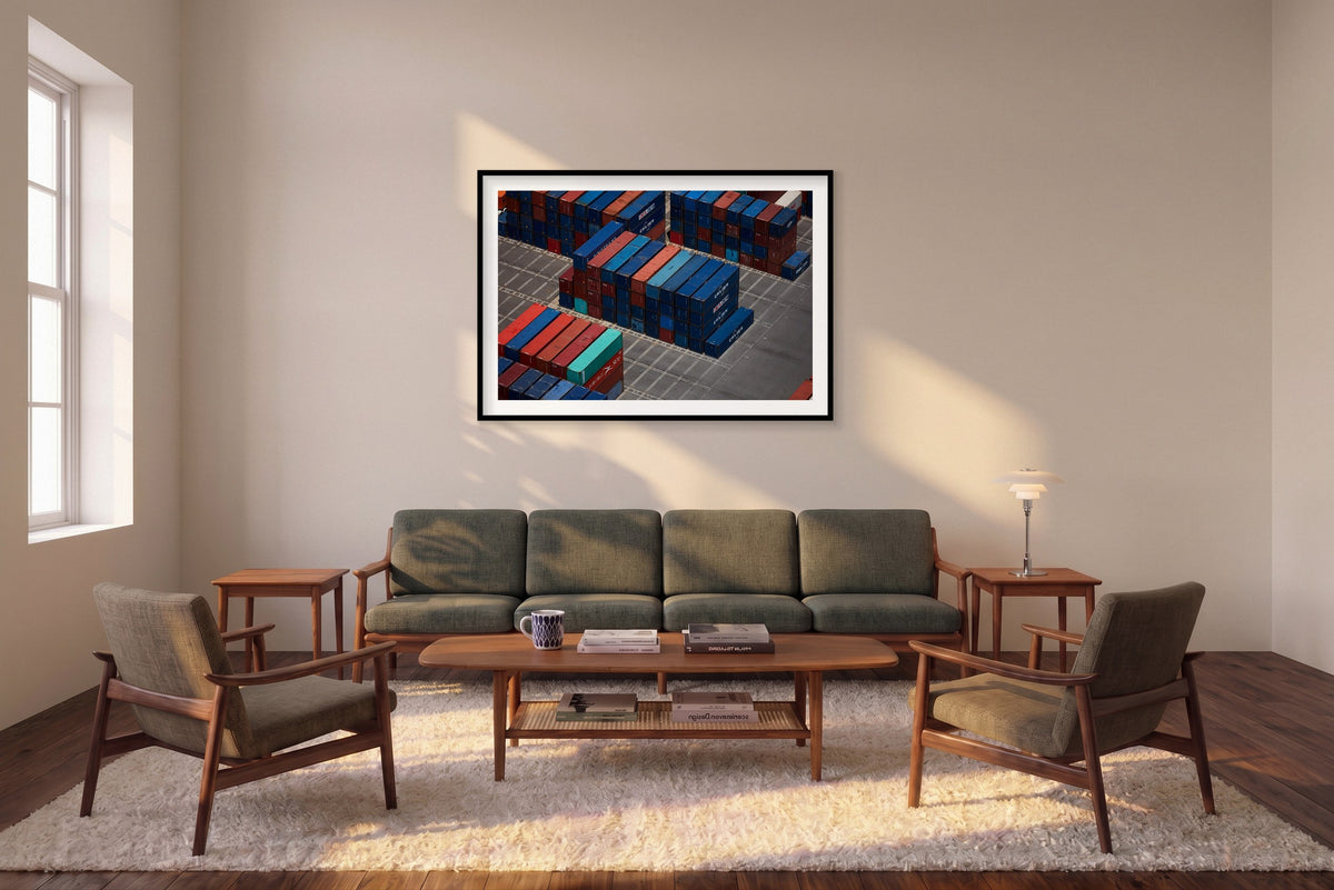 Building Blocks, Botany Bay, Horizontal Print shown framed in a living room