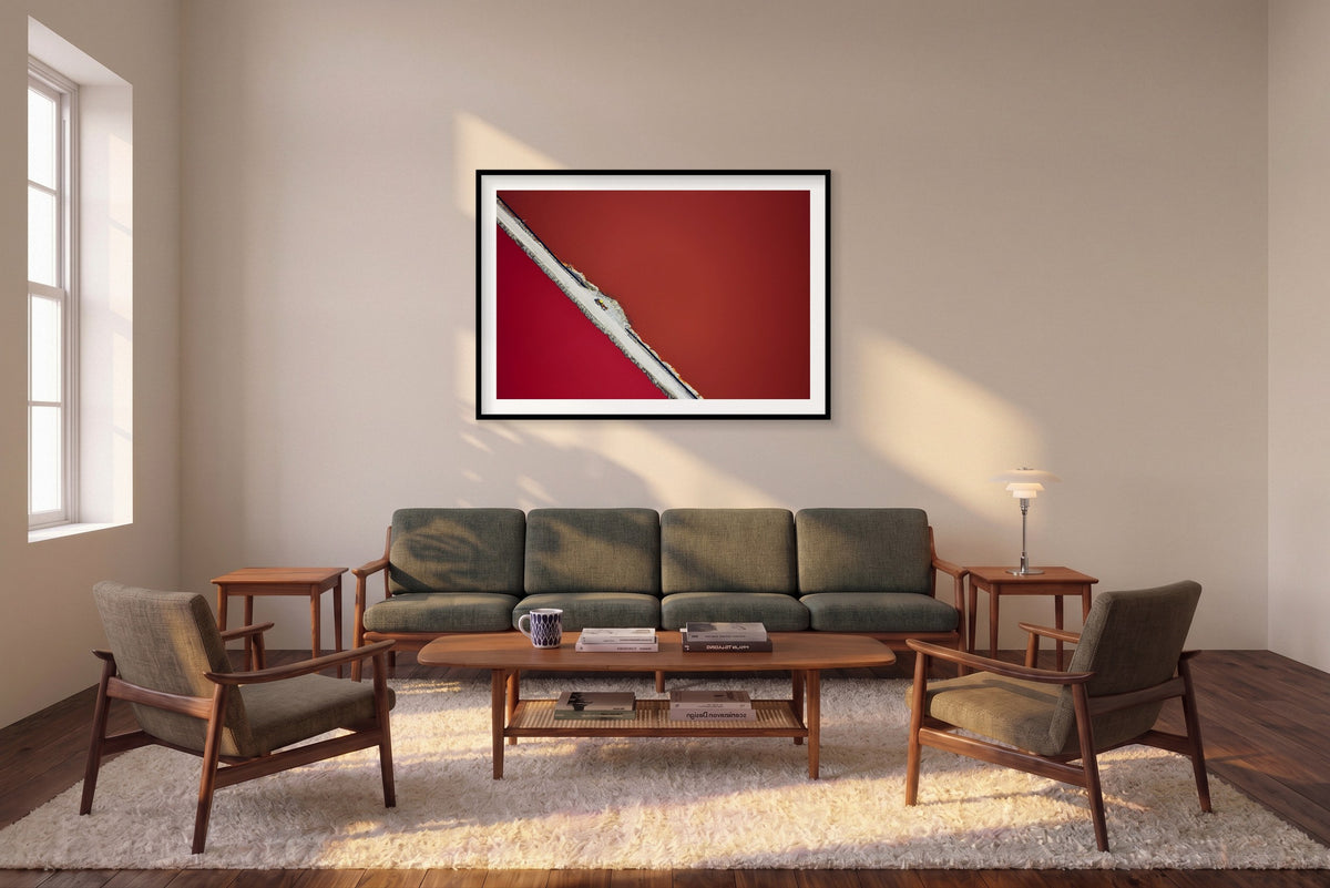 Bulldozer, San Francisco Bay, Horizontal Print shown framed in a living room