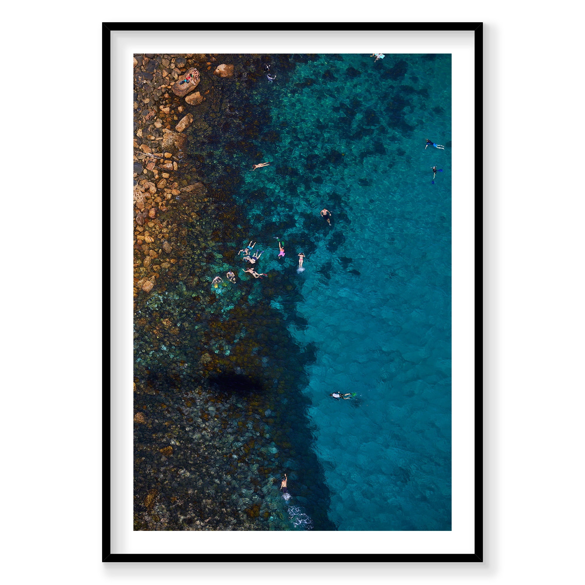 Cabbage Tree Bay Snorkelers, Vertical Print, black Victorian Ash frame