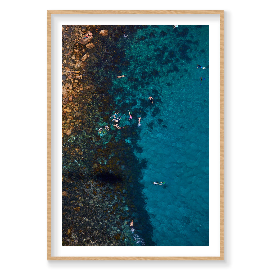 Cabbage Tree Bay Snorkelers, Vertical Print, natural Victorian Ash frame