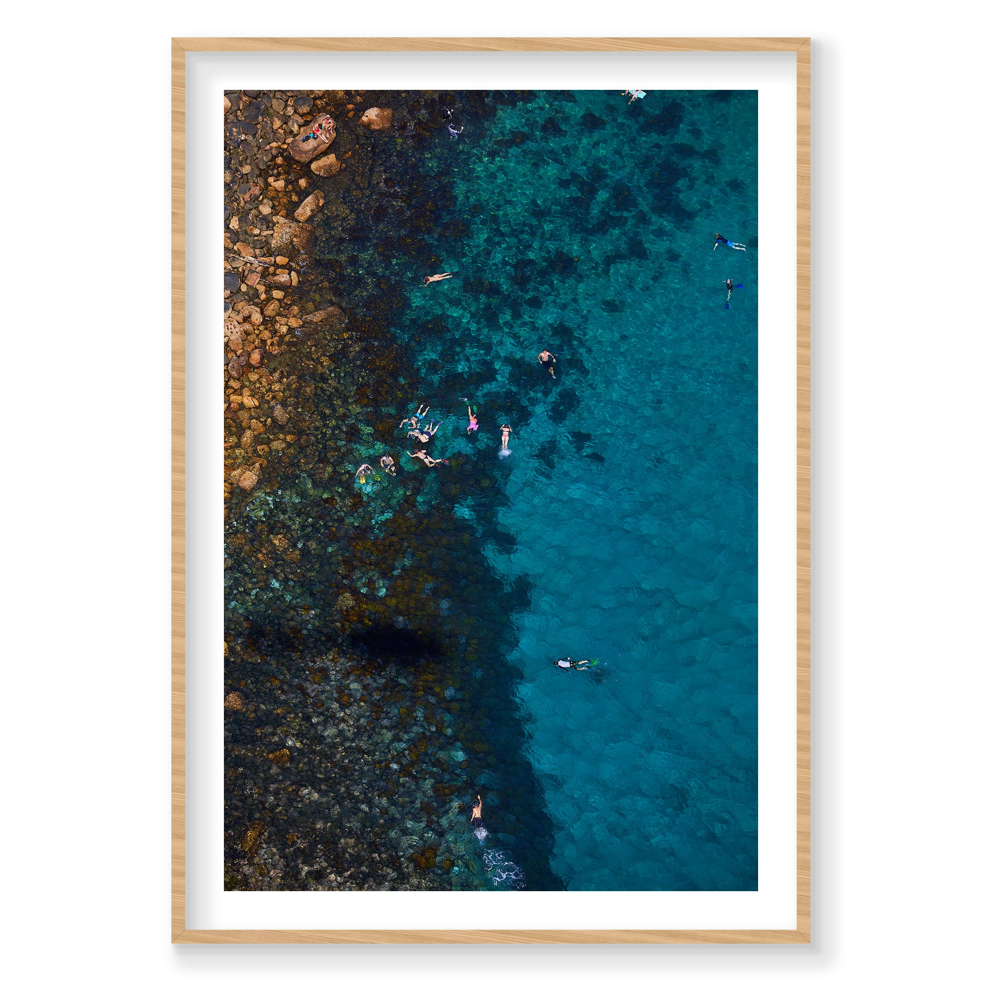 Cabbage Tree Bay Snorkelers, Vertical Print, natural Victorian Ash frame