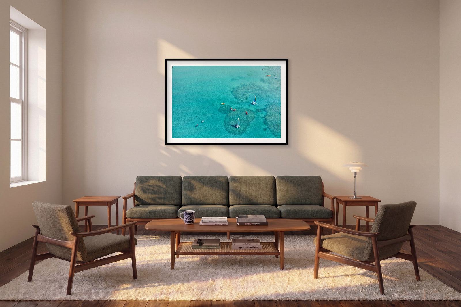 Catseye Beach, Hamilton Island, Horizontal Print shown framed in a living room