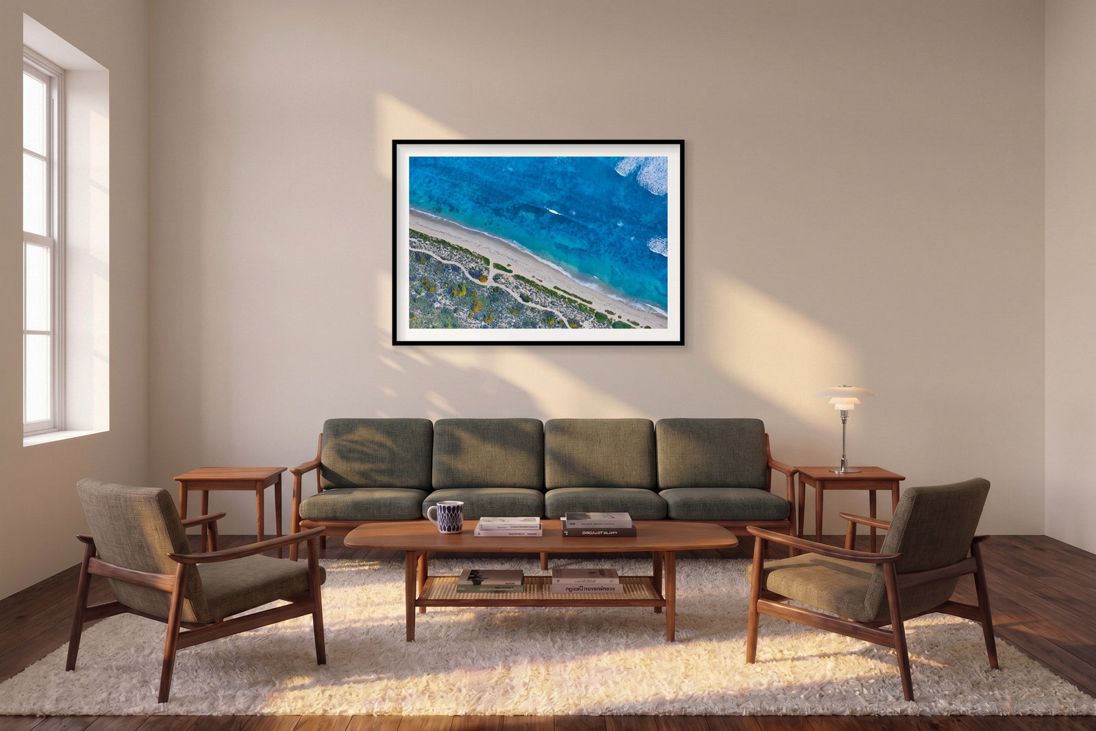 Clear Blue, Kalbarri, Horizontal Print shown framed in a living room
