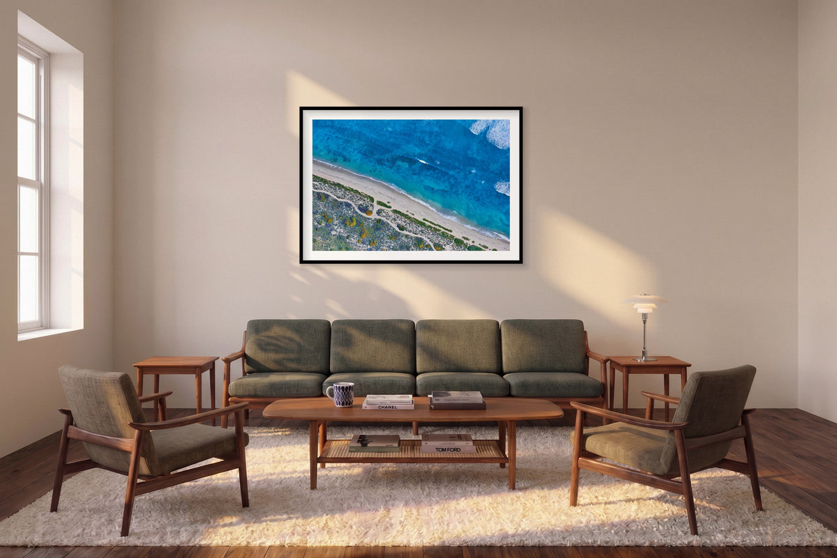 Clear Blue, Kalbarri, Horizontal Print shown framed in a living room