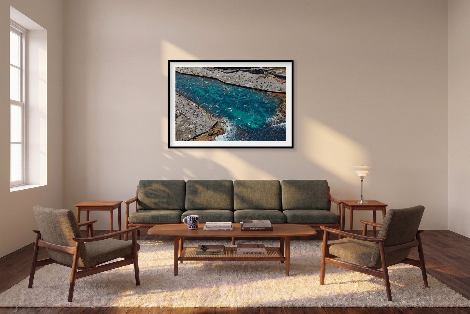 Clovelly Bay, Horizontal Print shown framed in a living room