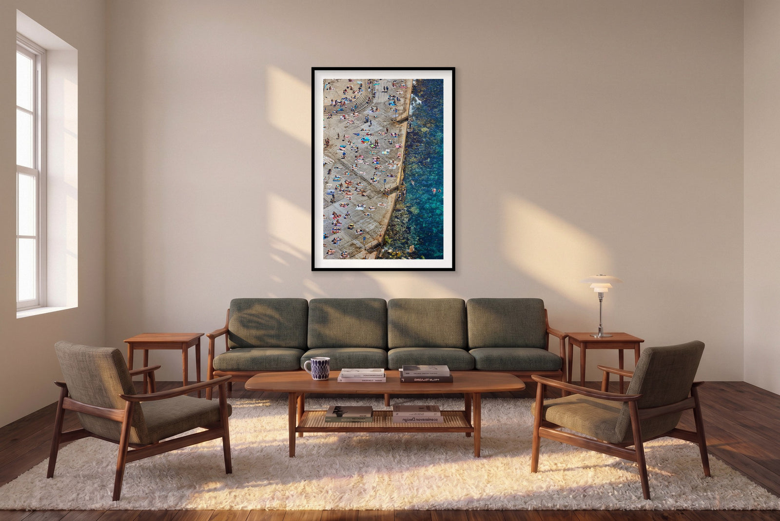 Clovelly Stairs, Portrait Print shown framed in a living room