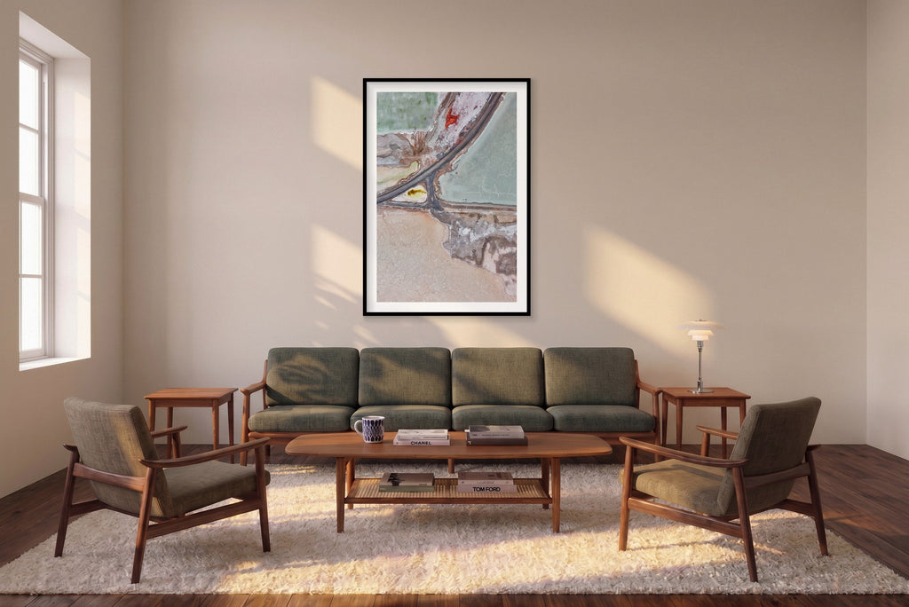 Extraction, Great Salt Lake, Vertical Print shown framed in a living room