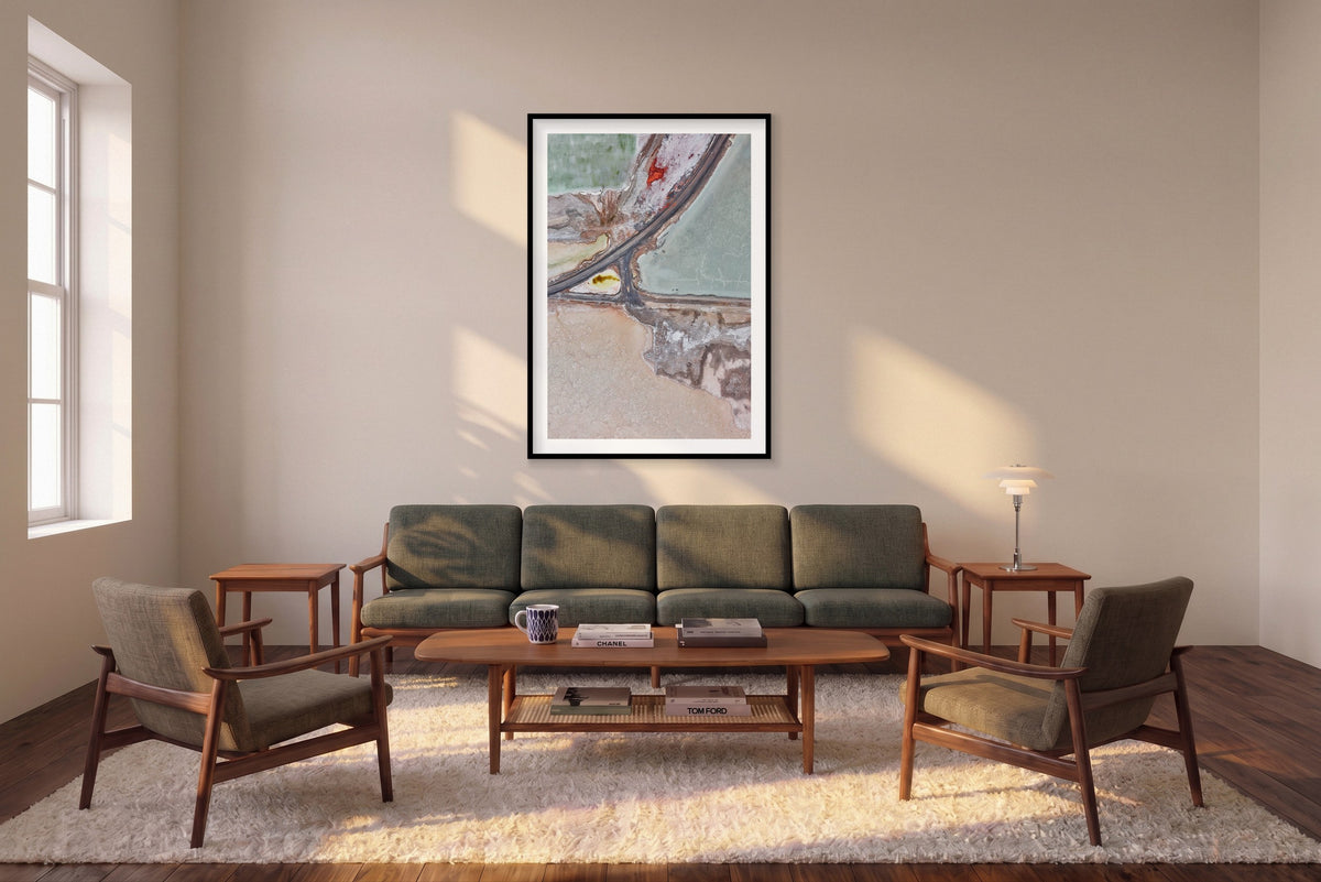 Extraction, Great Salt Lake, Vertical Print shown framed in a living room