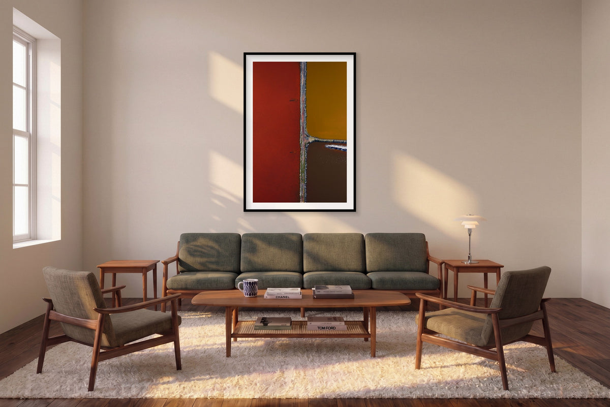 Compartments, San Francisco Bay, Vertical Print shown framed in a living room