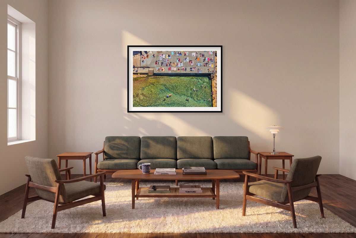 Wylie's Baths, Horizontal Print shown framed in a living room