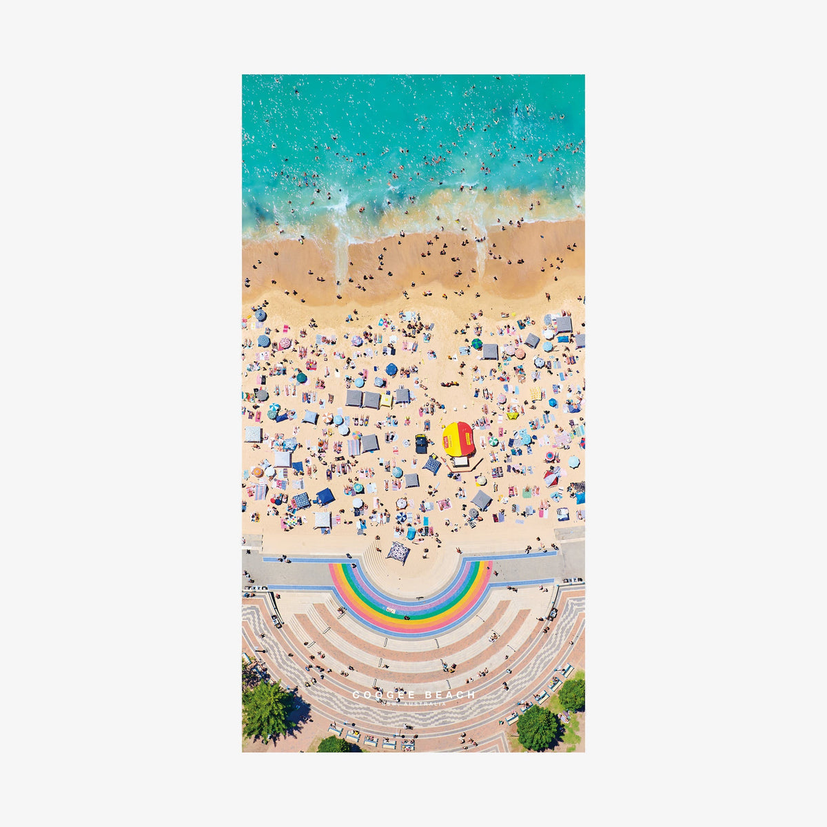 Aerial view of Coogee Beach with rainbow pool, turquoise ocean and crowded sand, quick-dry beach towel by Remy Gerega