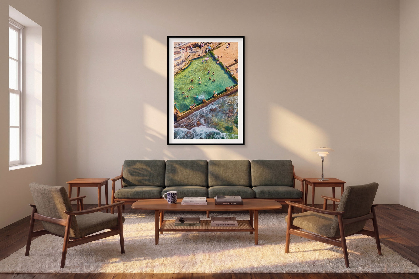 Coogee Ocean Pool, Vertical Print shown framed in a living room