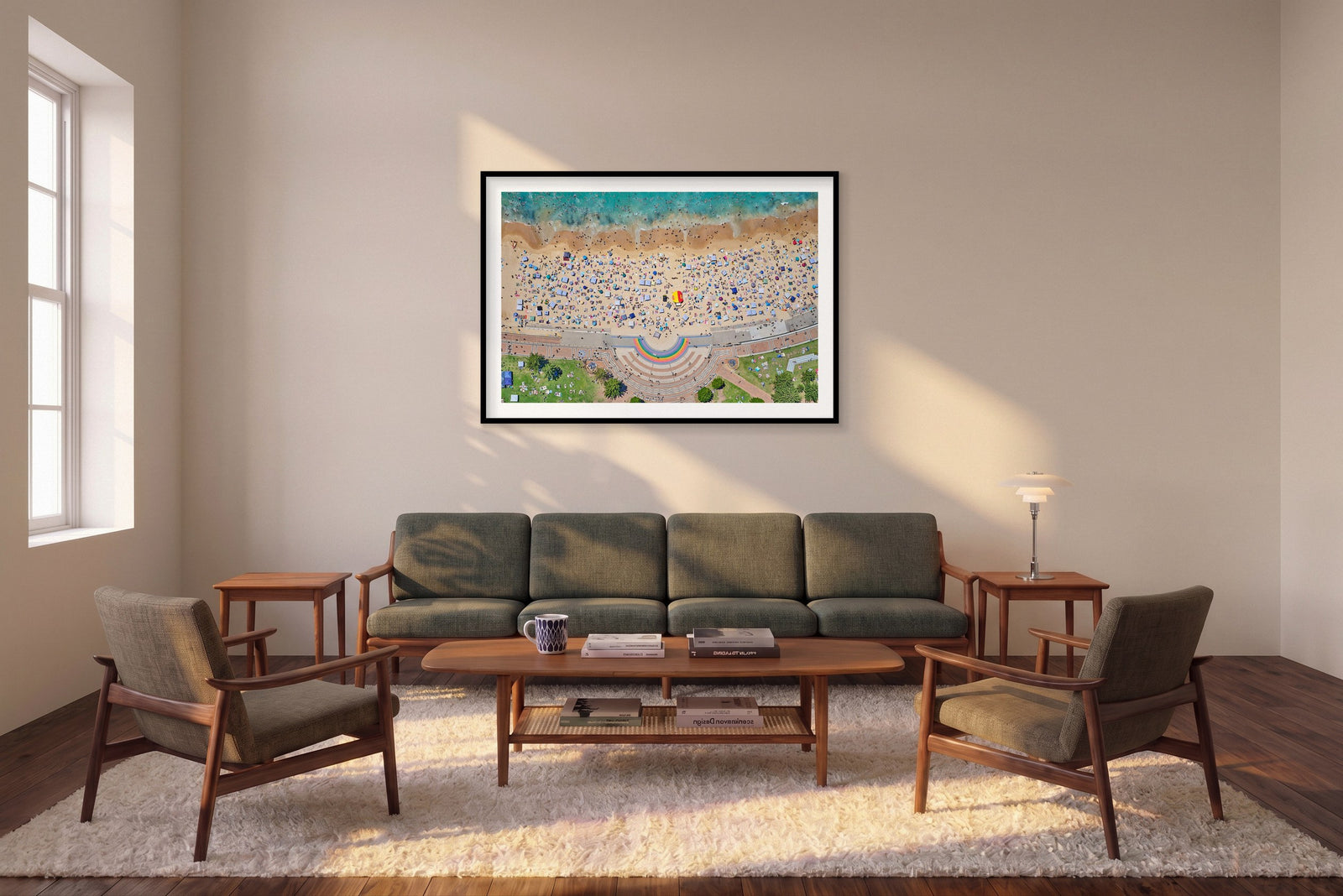 Coogee Rainbow, Horizontal Print shown framed in a living room