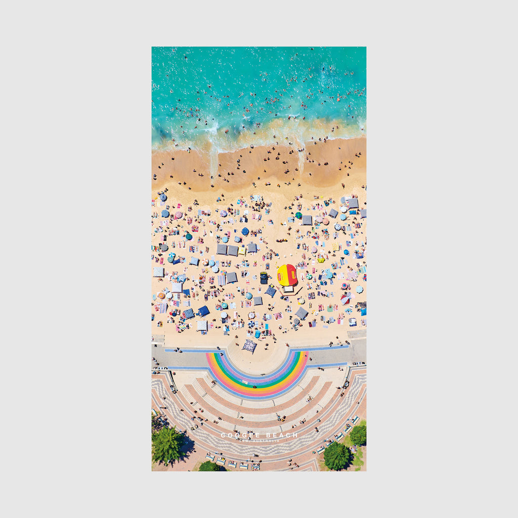 Aerial view of Coogee Beach with rainbow pool, turquoise ocean and crowded sand, quick-dry beach towel by Remy Gerega