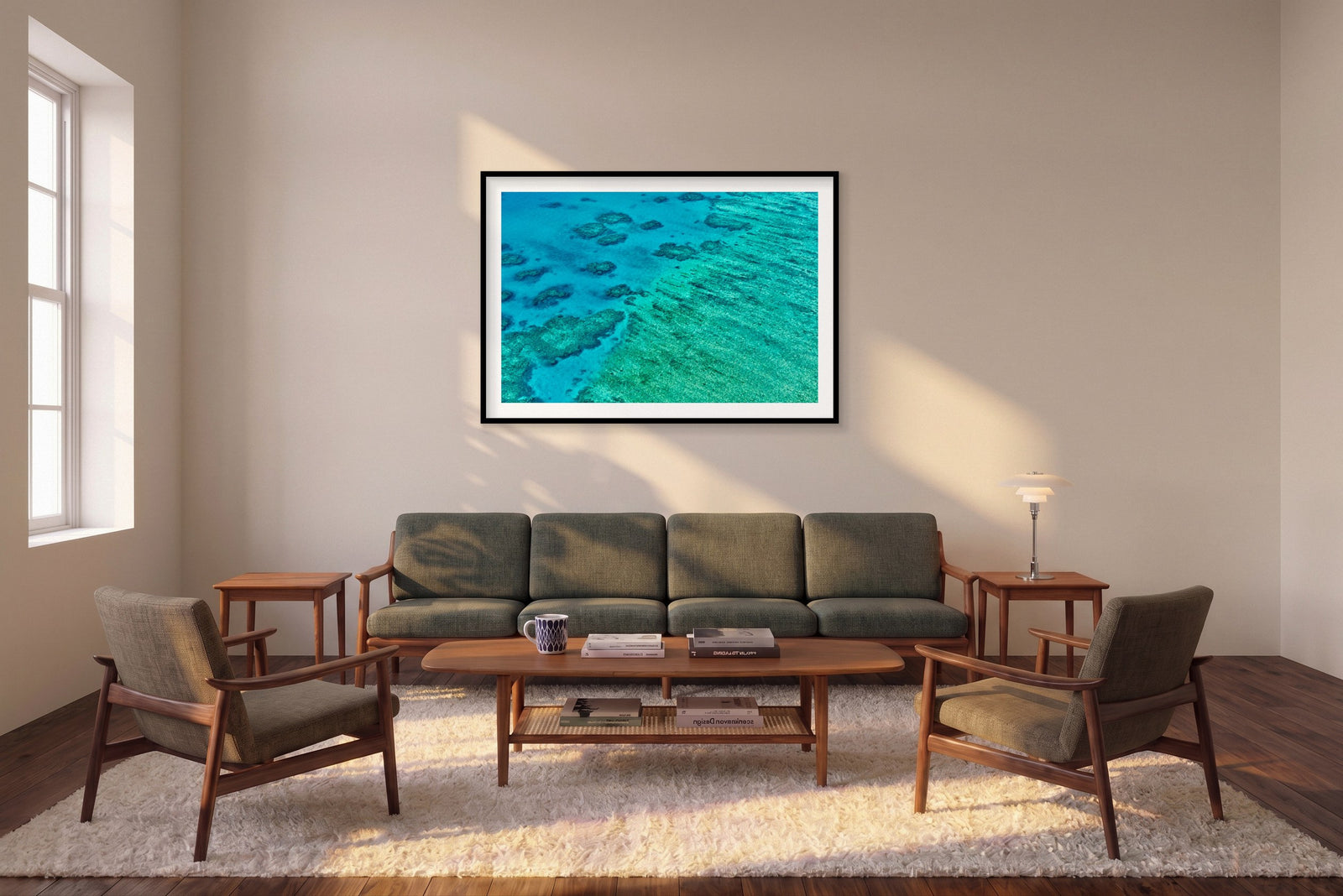 Coral, Great Barrier Reef, Horizontal Print shown framed in a living room