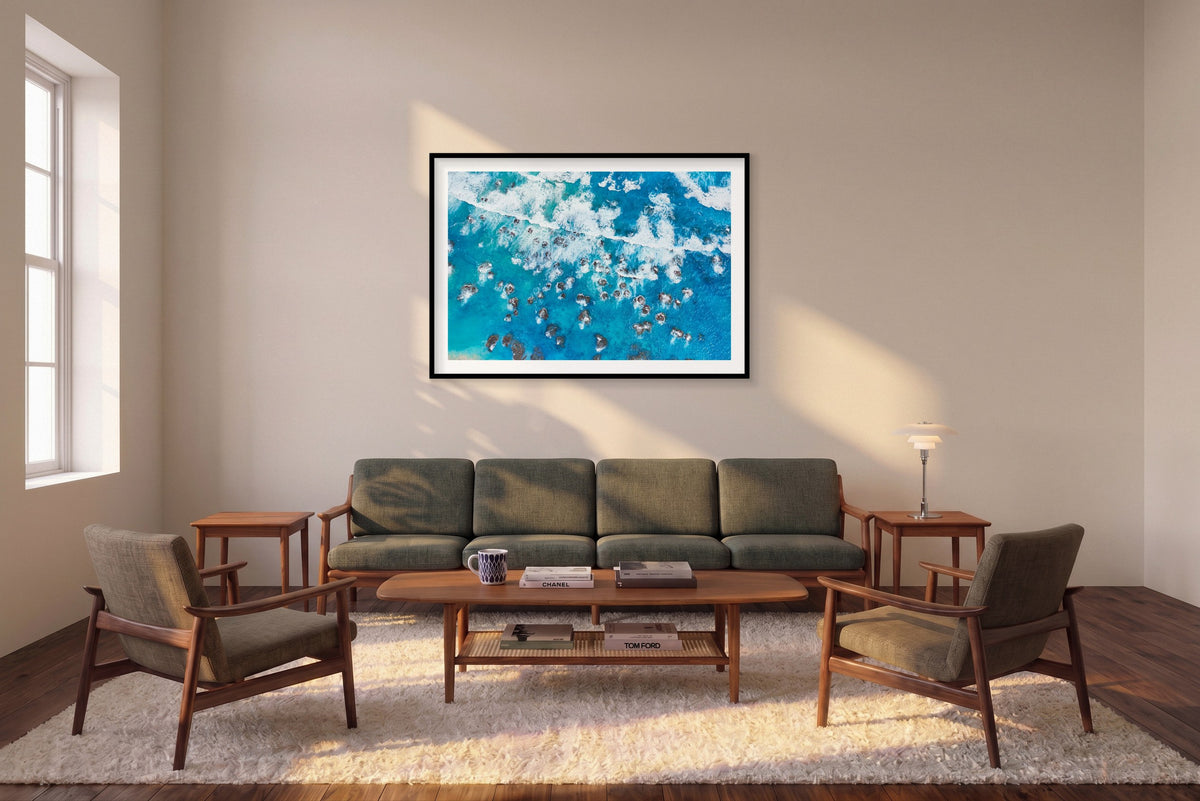 Crashing Waves, Kalbarri, Horizontal Print shown framed in a living room