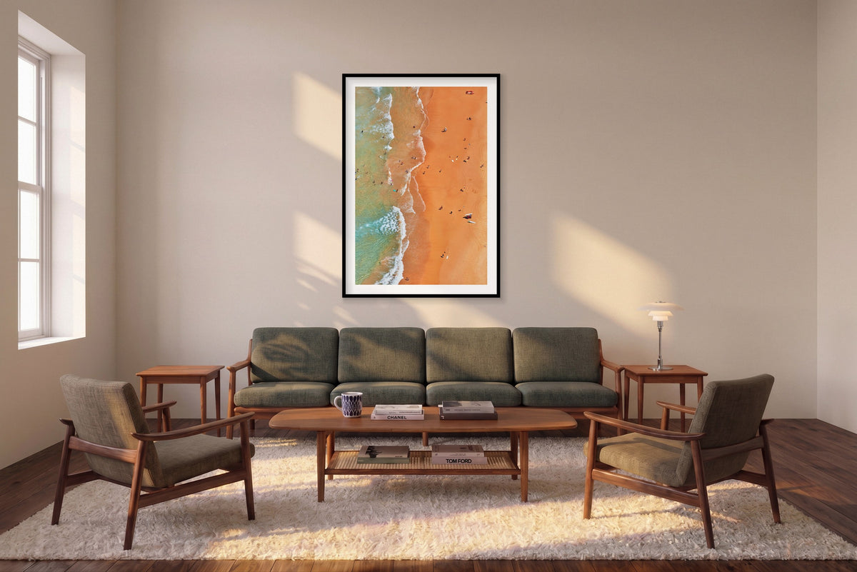 Curl Curl  Beach, Vertical Print shown framed in a living room