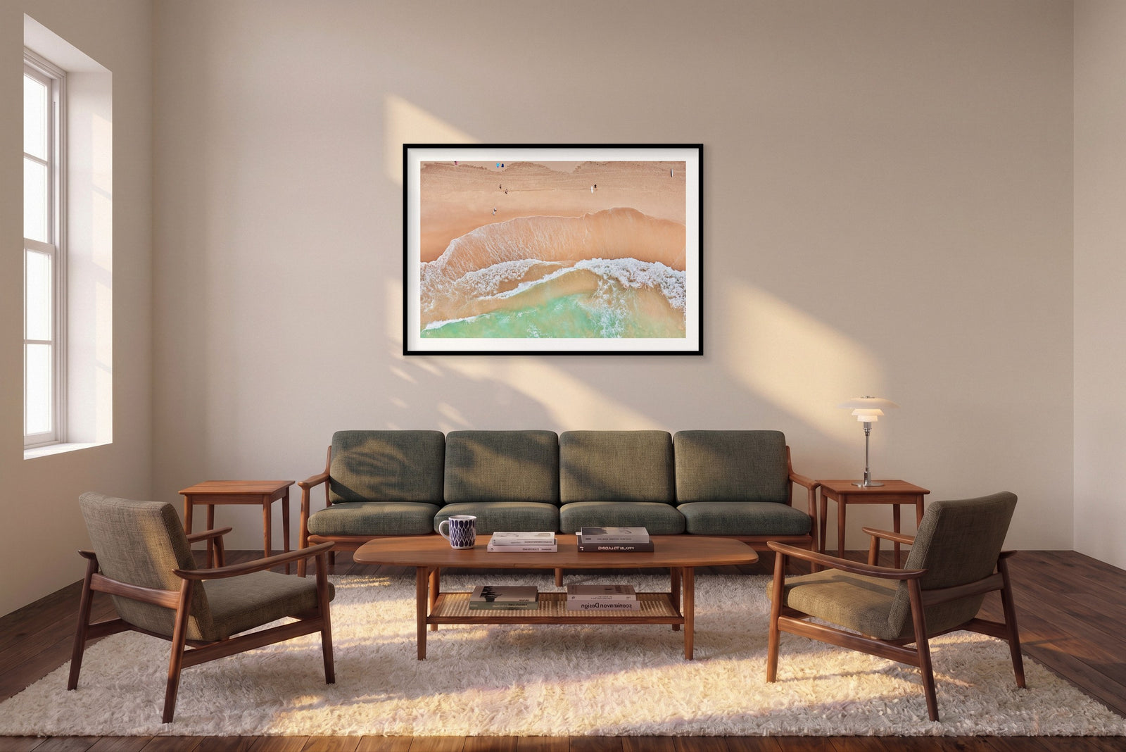 Curl Curl Beach, Horizontal Print shown framed in a living room