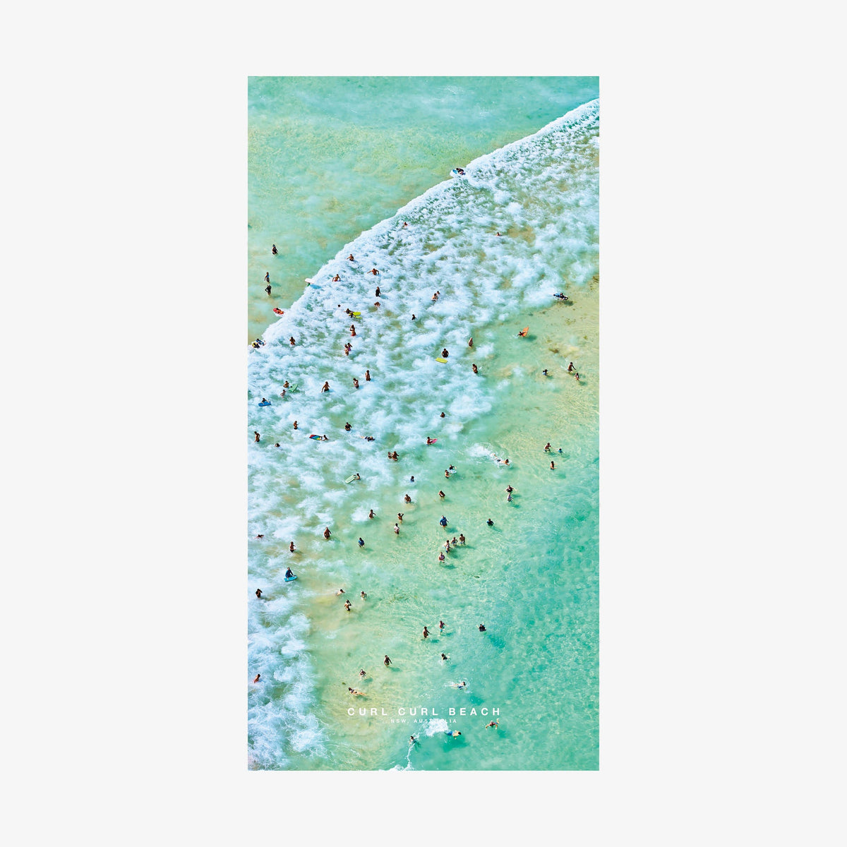 Aerial view of Curl Curl Beach with swimmers and turquoise waves, quick-dry beach towel by Remy Gerega