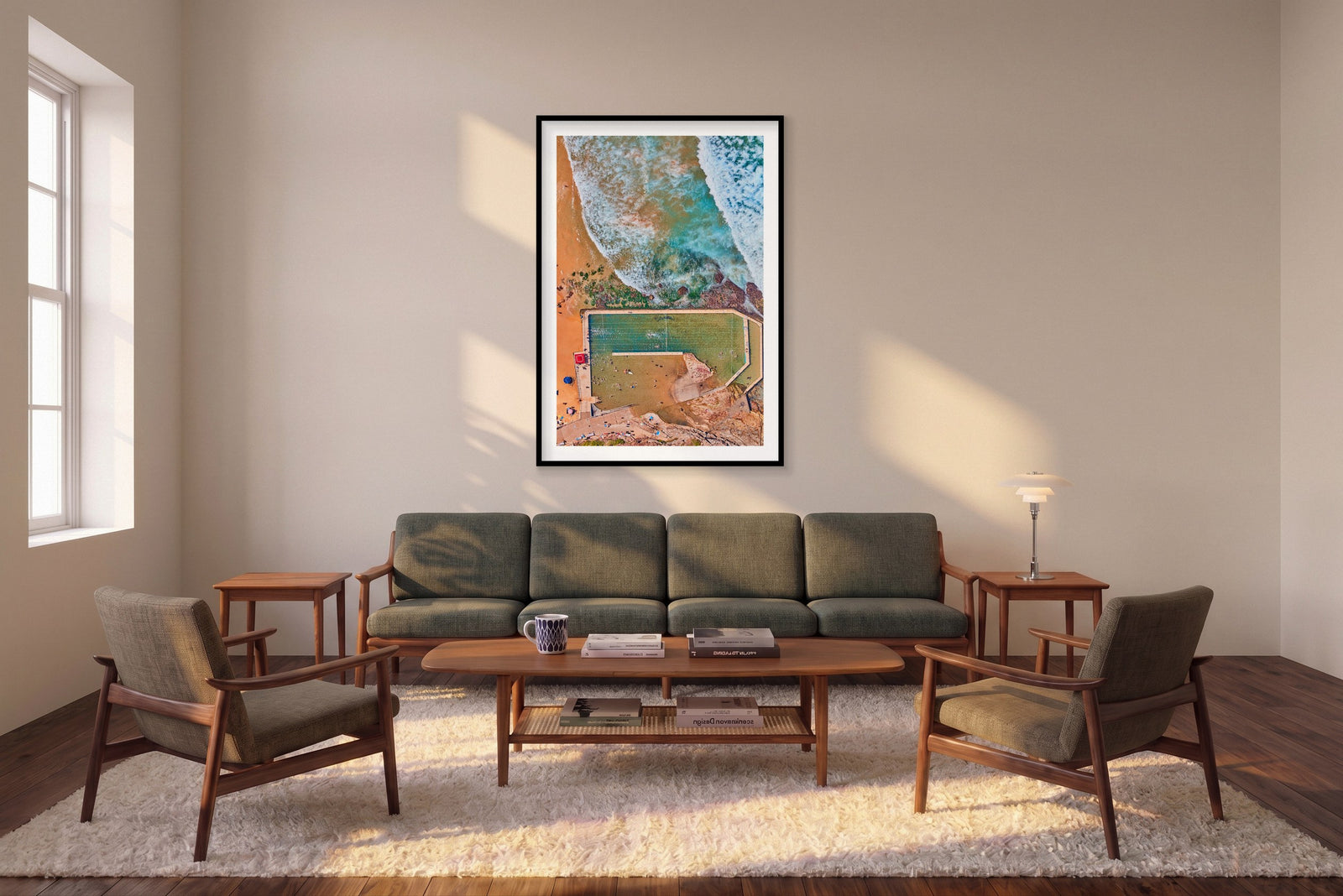 Curl Curl Pool, Vertical Print shown framed in a living room