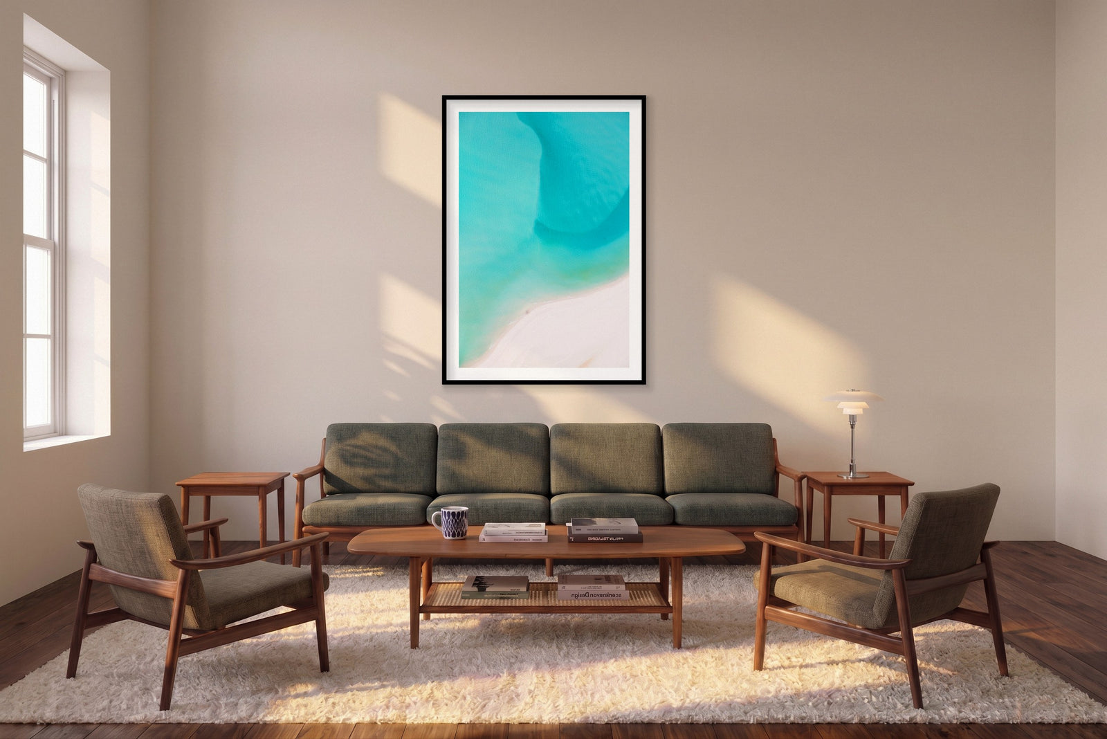 Currents, Whitehaven Beach, Vertical Print shown framed in a living room