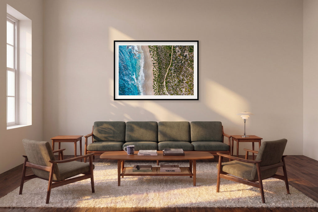 Curves, Kalbarri, Horizontal Print shown framed in a living room