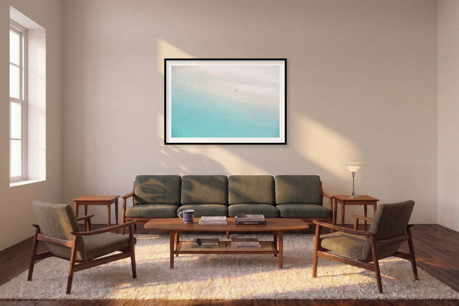 Deserted, Whitehaven Beach, Horizontal Print shown framed in a living room