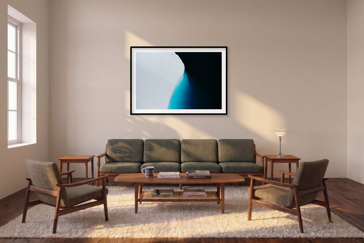 Fade To Black, Greenland, Horizontal Print shown framed in a living room