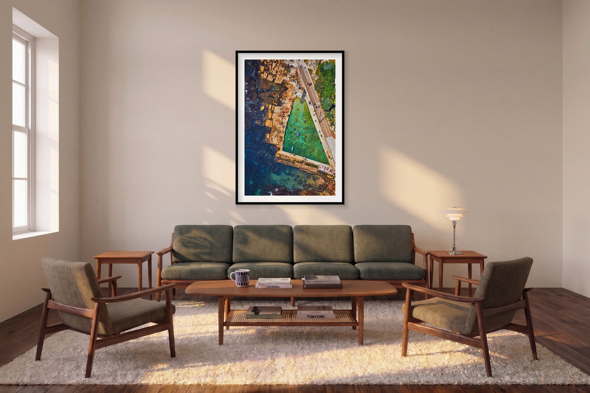 Fairy Bower Rock Pool, Vertical Print shown framed in a living room