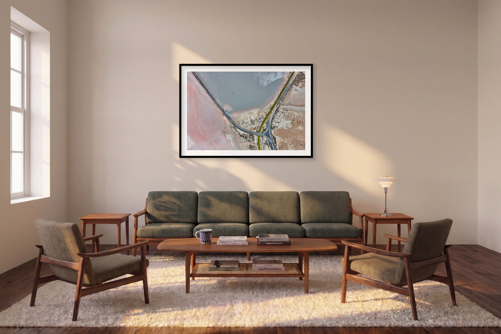 Flamingo, Great Salt Lake, Horizontal Print shown framed in a living room