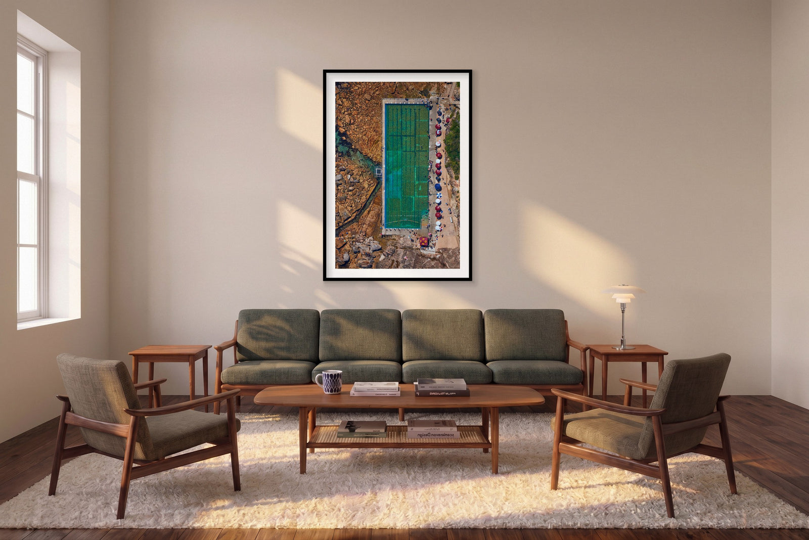 Freshwater Pool, Vertical Print shown framed in a living room