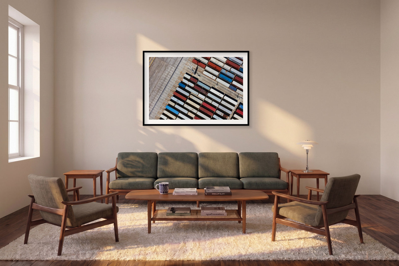 Grayscale, Botany Bay, Horizontal Print shown framed in a living room