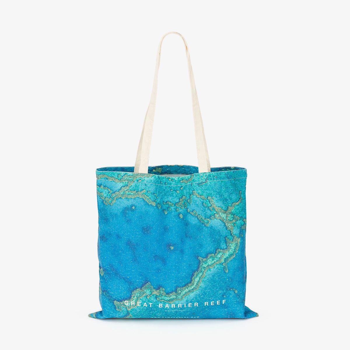 Aerial view of Great Barrier Reef turquoise waters and coral patterns from above, canvas tote bag by Remy Gerega