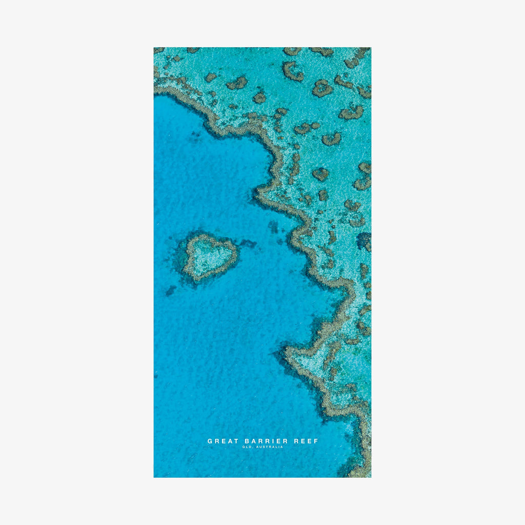 Aerial view of Great Barrier Reef coral formations and turquoise waters, Queensland Australia, quick-dry beach towel by Remy Gerega