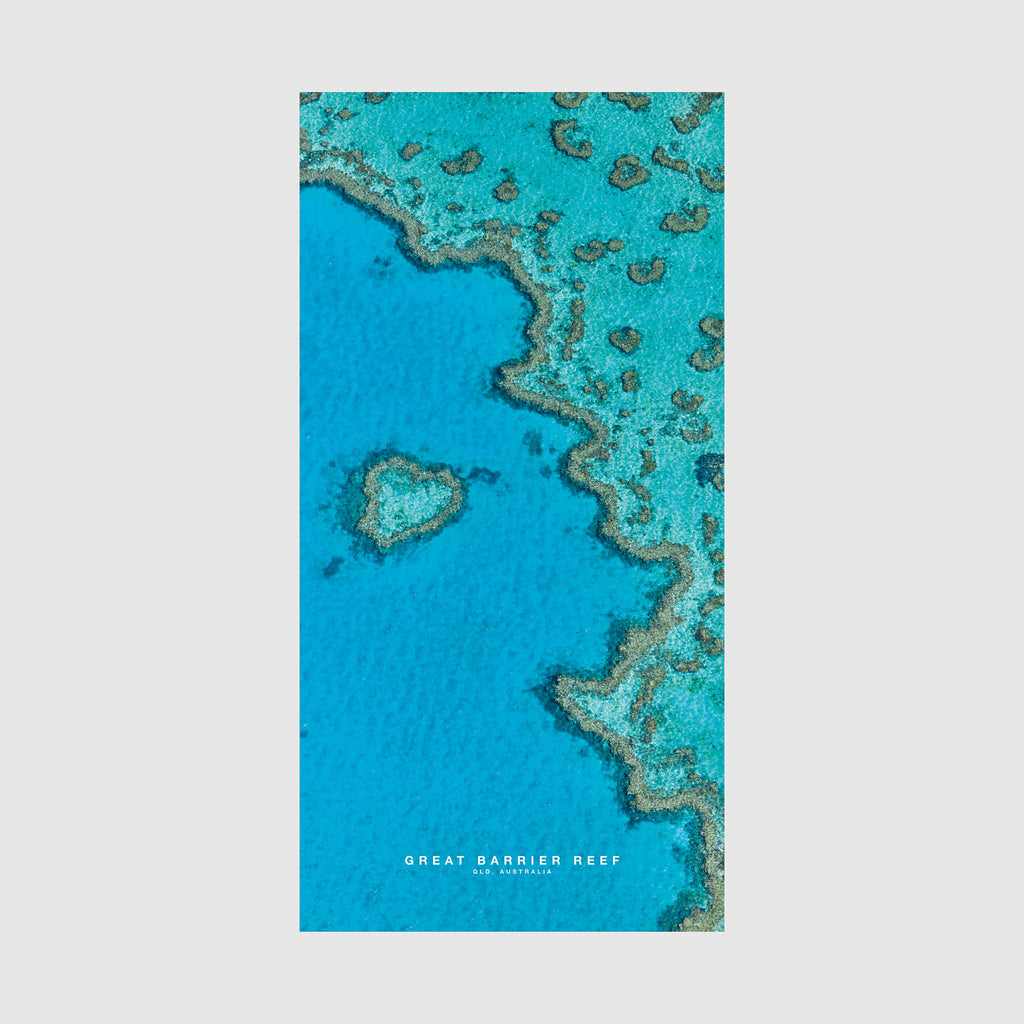 Aerial view of Great Barrier Reef coral formations and turquoise waters, Queensland Australia, quick-dry beach towel by Remy Gerega