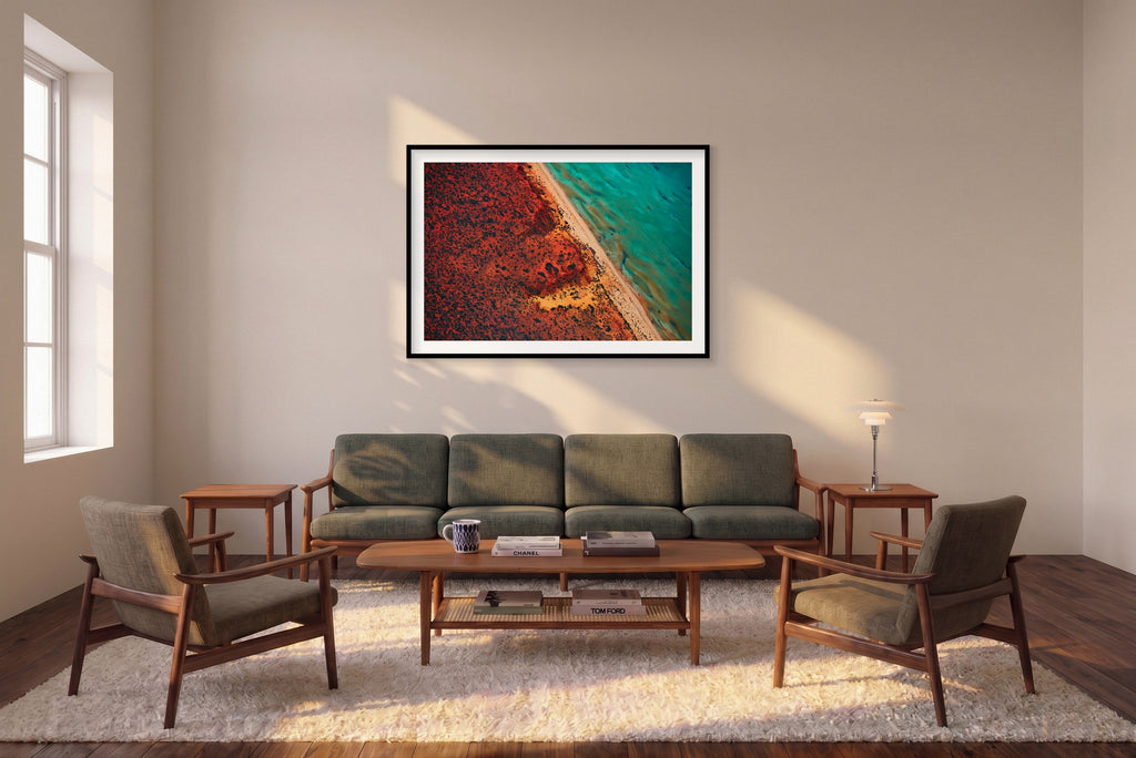 Green And Blue, Shark Bay, Horizontal Print shown framed in a living room