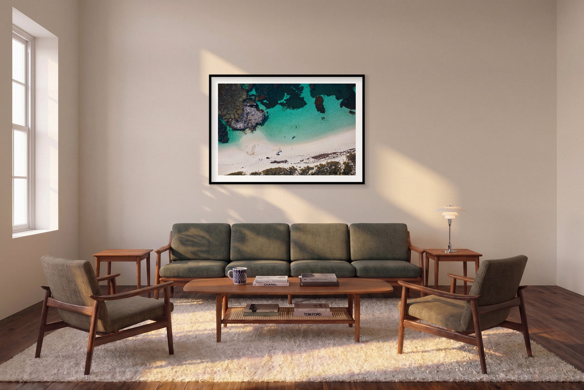 Hideaway, Rottnest Island, WA, Horizontal Print shown framed in a living room