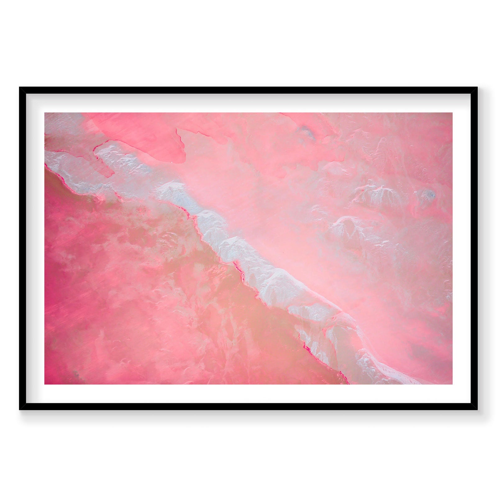 Aerial view of vibrant pink Hutt Lagoon with white salt formations, photography print by Remy Gerega