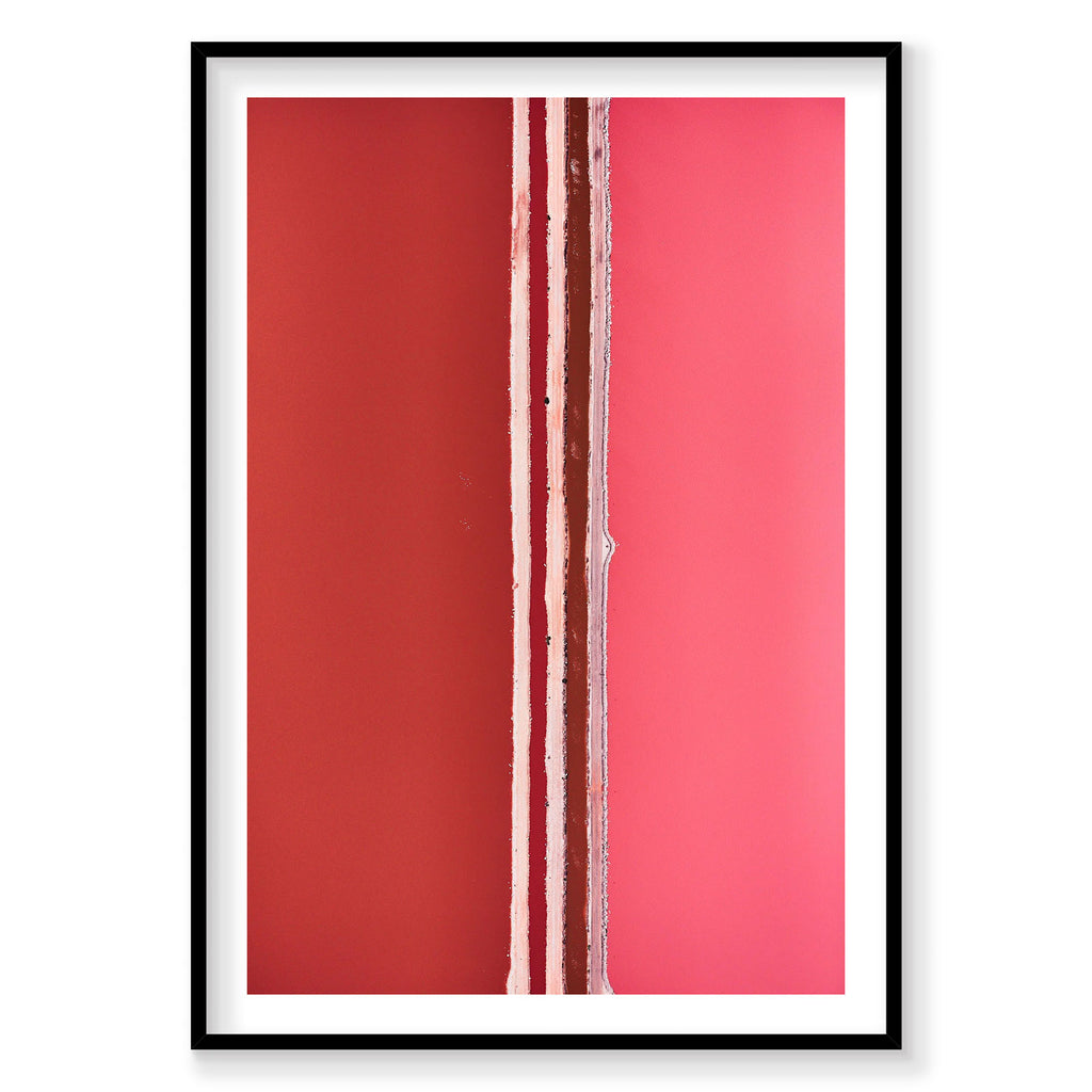 Aerial view of Hutt Lagoon salt divide in red and pink hues from above, photography print by Remy Gerega