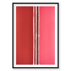 Aerial view of Hutt Lagoon salt divide in red and pink hues from above, photography print by Remy Gerega